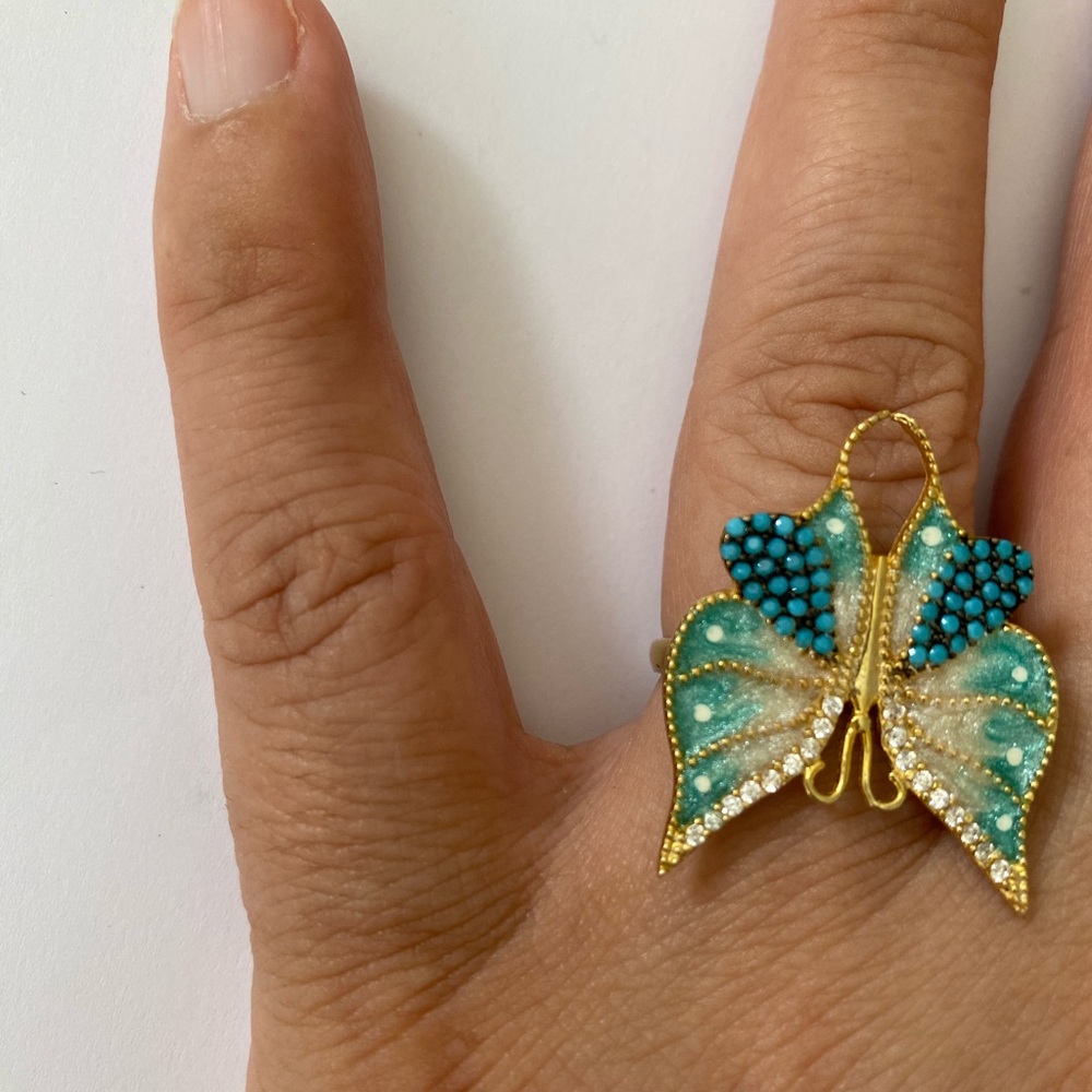 🦋925 Silver butterfly ring turquoise adjustable 18k yellow gold plated